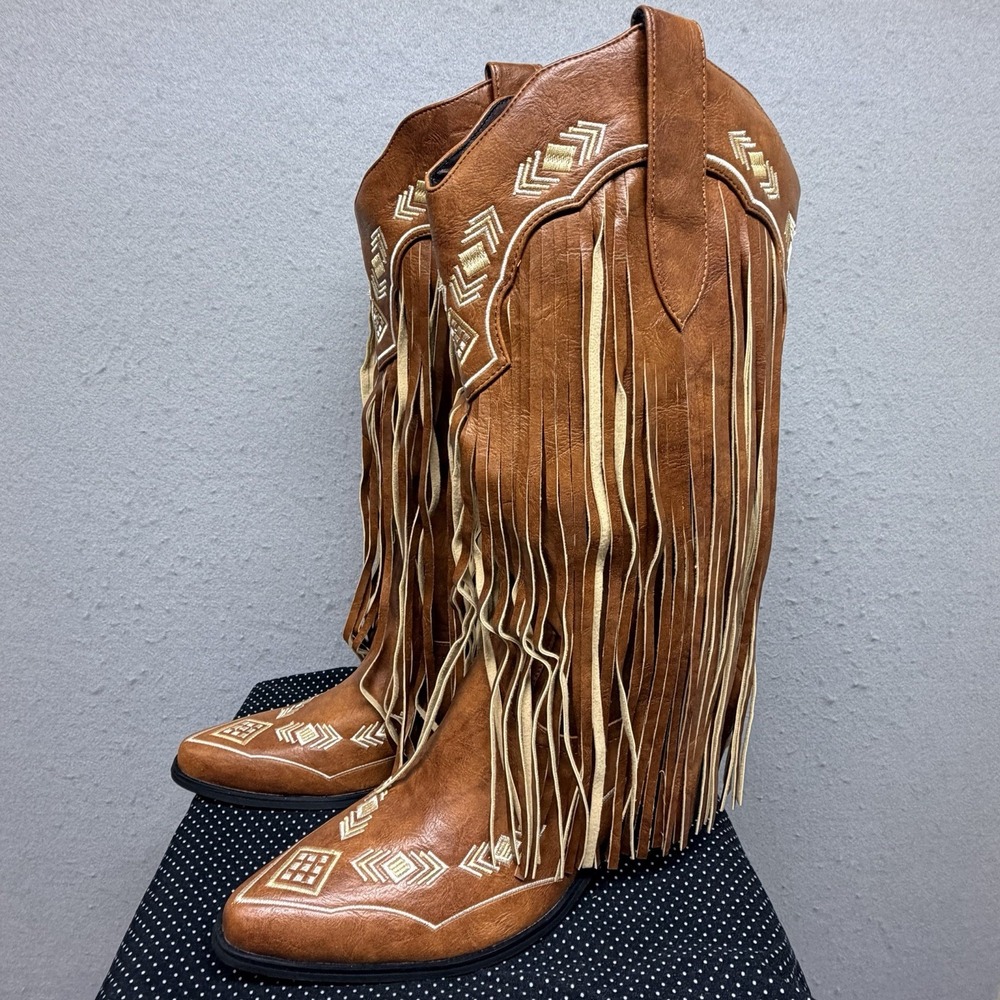 AIJIVOU Women's Fringe Cowboy Boots Brown Embroidered Western Size 12 NWB